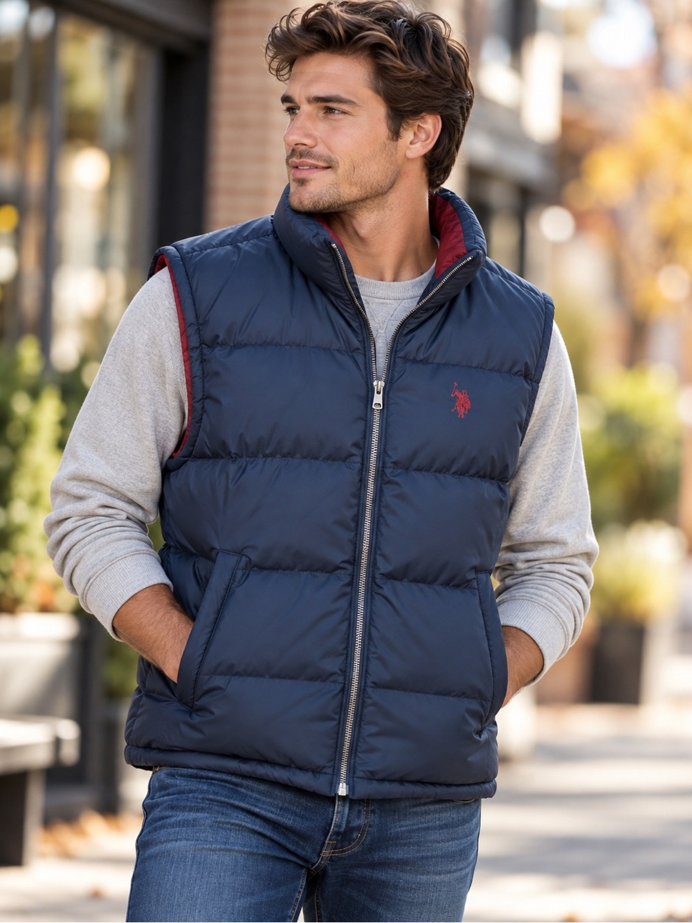 U.S. Polo Assn. Men’s Navy Puffer Vest Red Lining Quilted Full Zip Size L